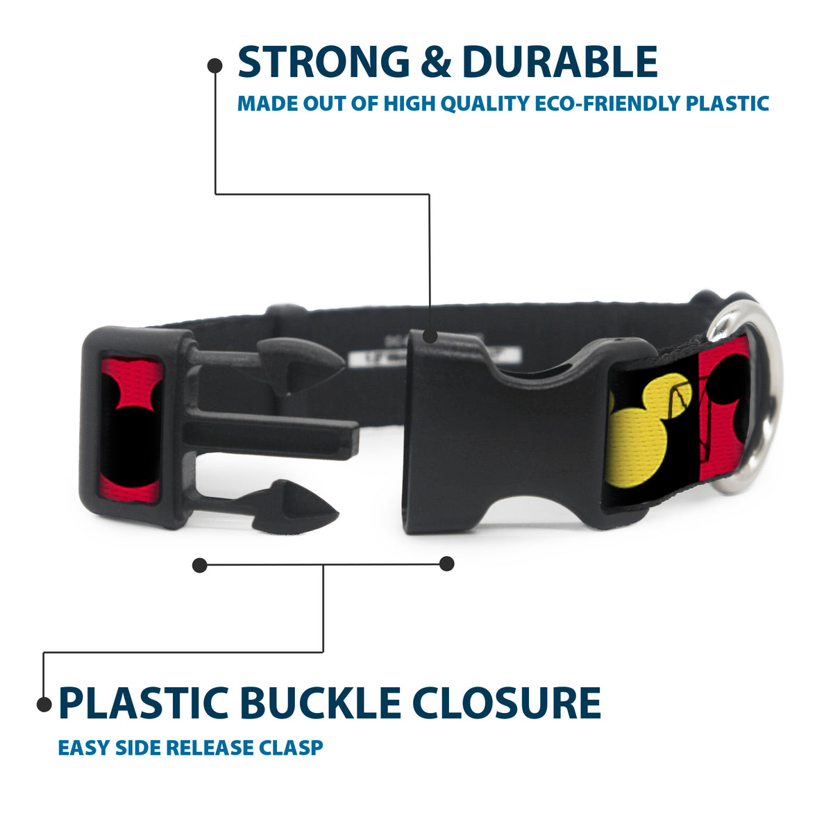 Plastic Clip Collar - Mickey Mouse Ears Icon Blocks Red/Black/Yellow Dog Collars Plastic Clip Side Release Disney