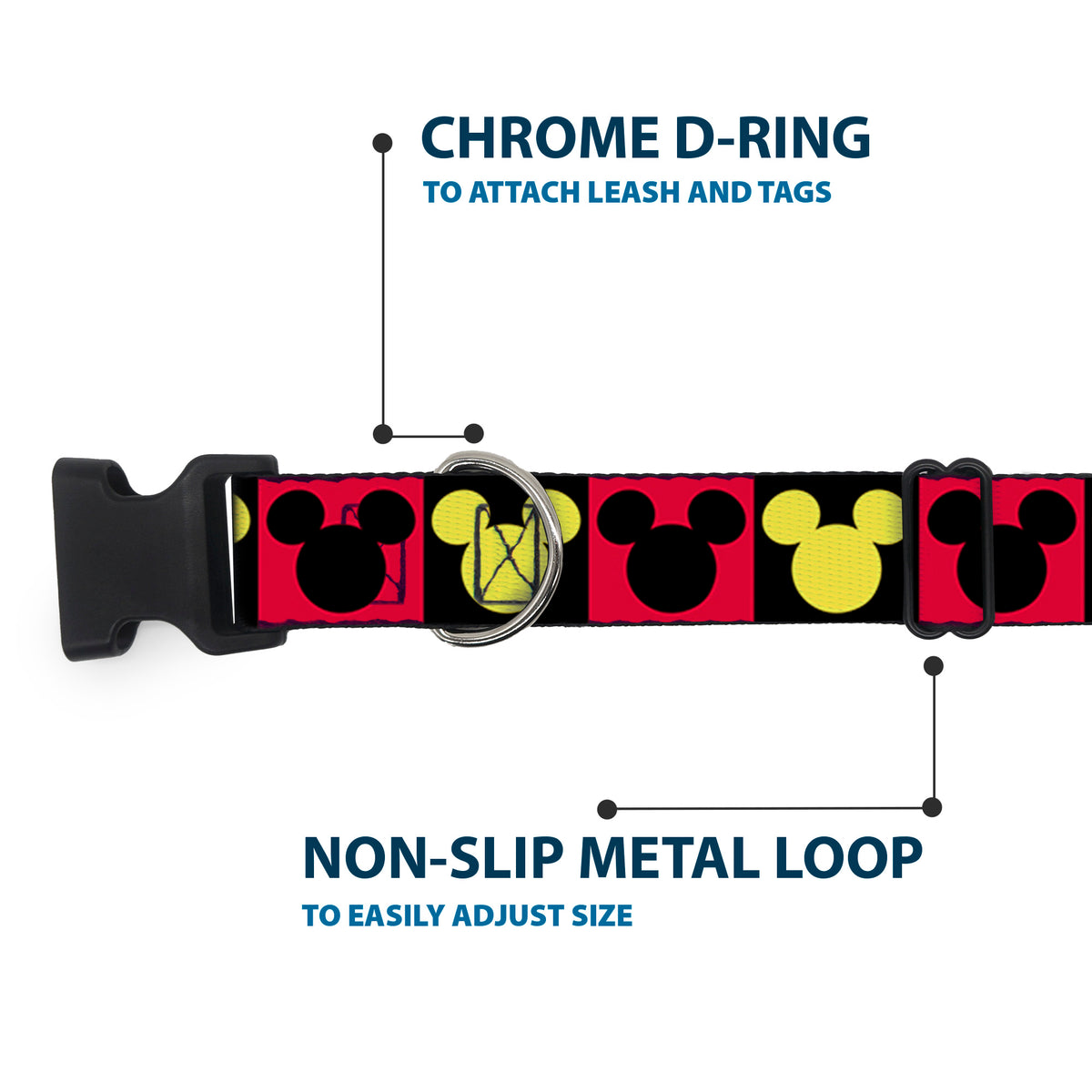 Plastic Clip Collar - Mickey Mouse Ears Icon Blocks Red/Black/Yellow Dog Collars Plastic Clip Side Release Disney