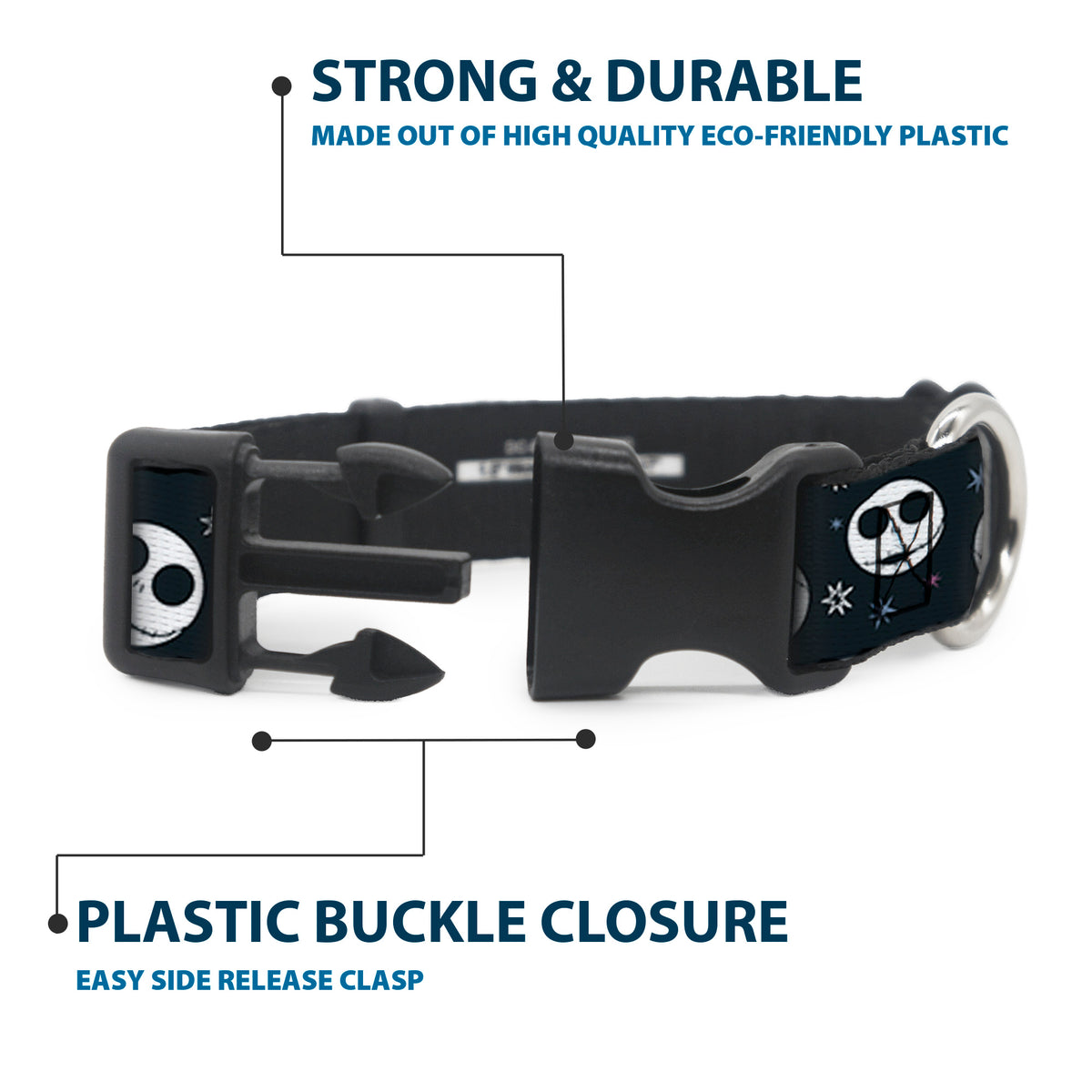 Plastic Clip Collar - The Nightmare Before Christmas Smiling Jack Moon and Stars Black Dog Collars Plastic Clip Side Release Disney