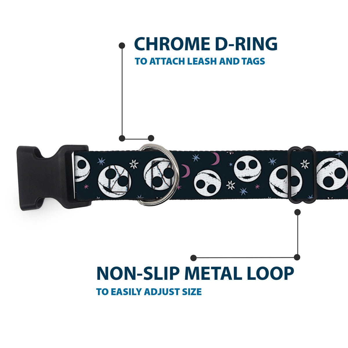 Plastic Clip Collar - The Nightmare Before Christmas Smiling Jack Moon and Stars Black Dog Collars Plastic Clip Side Release Disney