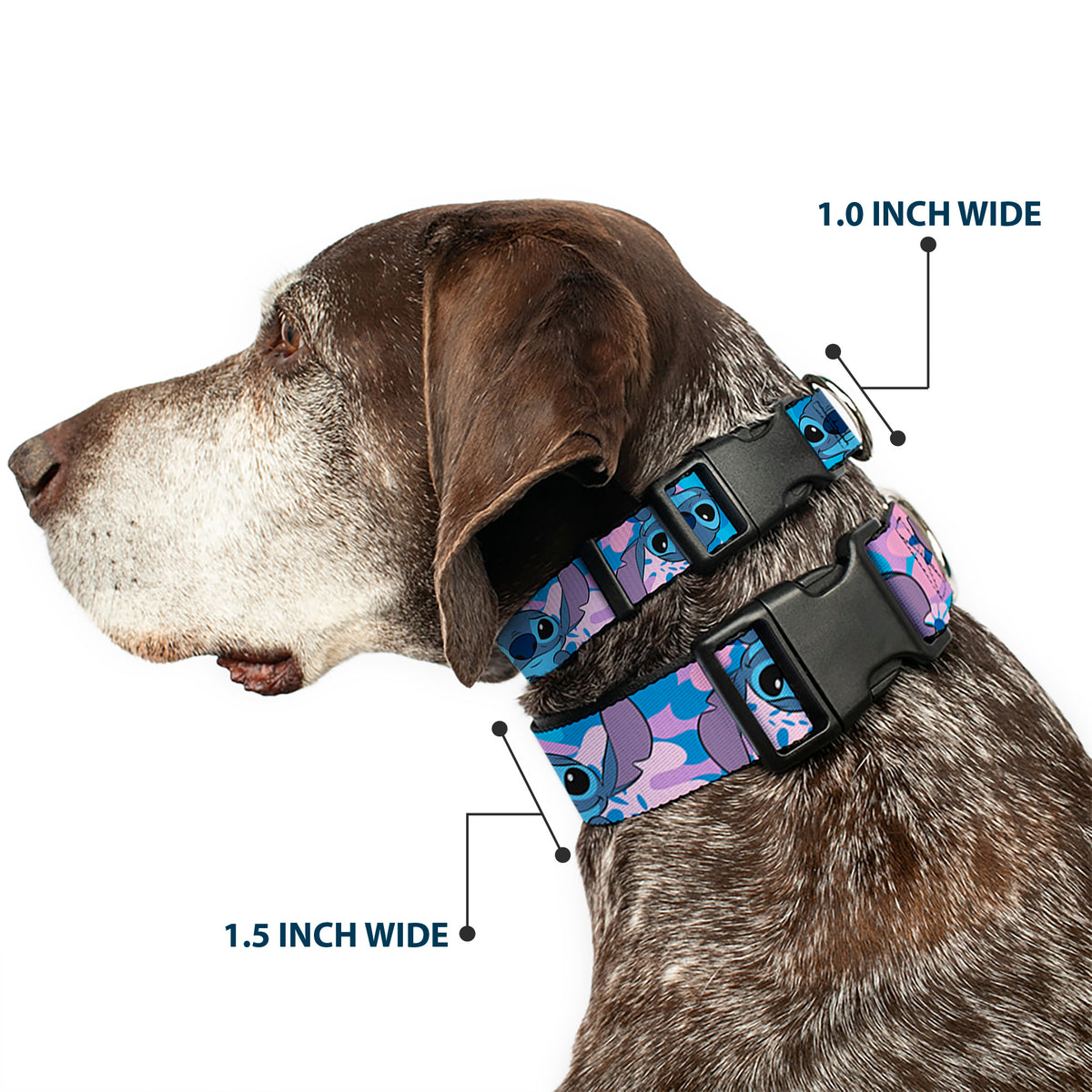 Plastic Clip Collar - Lilo & Stitch Stitch Flip Expressions Close-Up Blues/Pinks Dog Collars Plastic Clip Side Release Disney