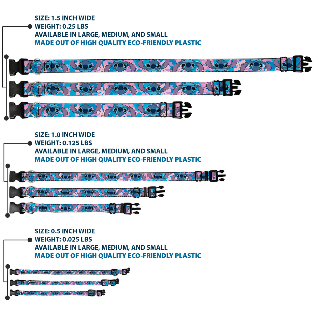 Plastic Clip Collar - Lilo & Stitch Stitch Flip Expressions Close-Up Blues/Pinks Dog Collars Plastic Clip Side Release Disney