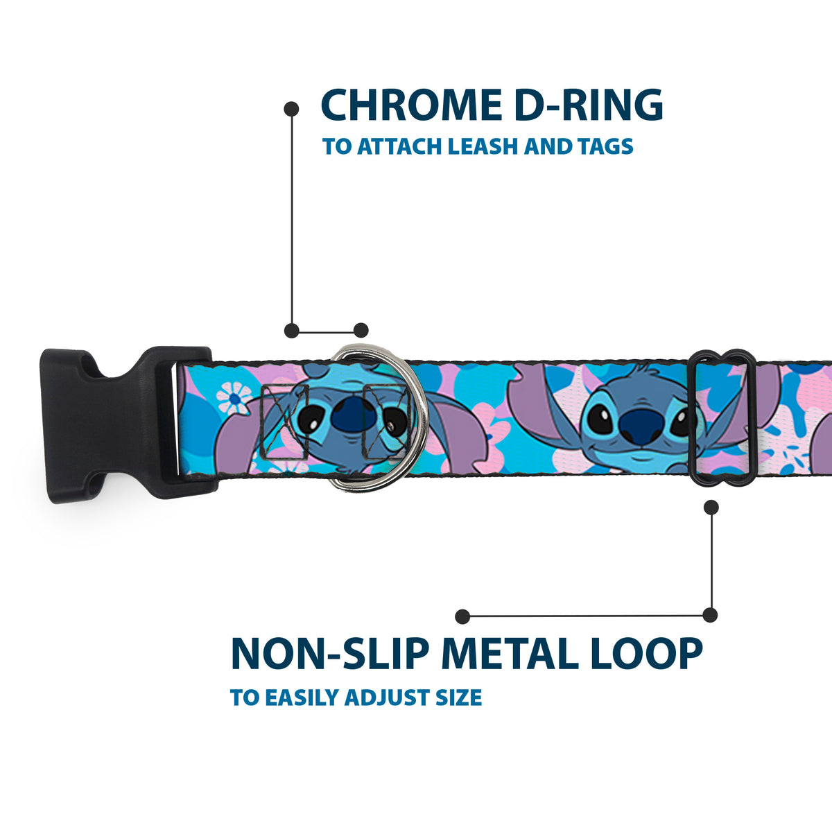 Plastic Clip Collar - Lilo & Stitch Stitch Flip Expressions Close-Up Blues/Pinks Dog Collars Plastic Clip Side Release Disney