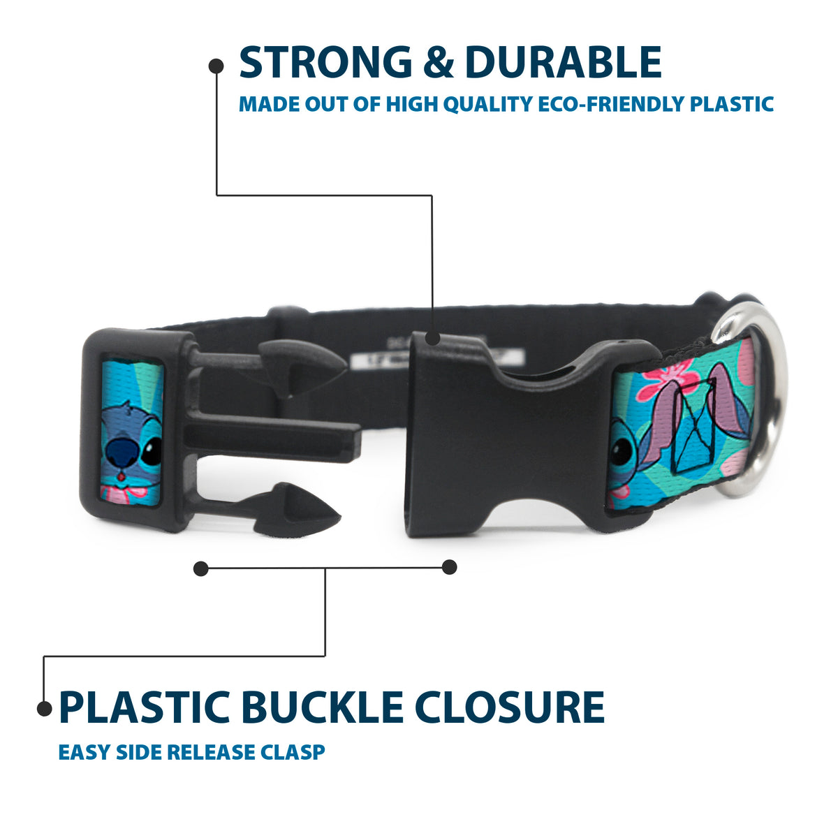 Plastic Clip Collar - Lilo & Stitch Stitch Expressions and Tropical Flowers Blues/Pinks Dog Collars Plastic Clip Side Release Disney