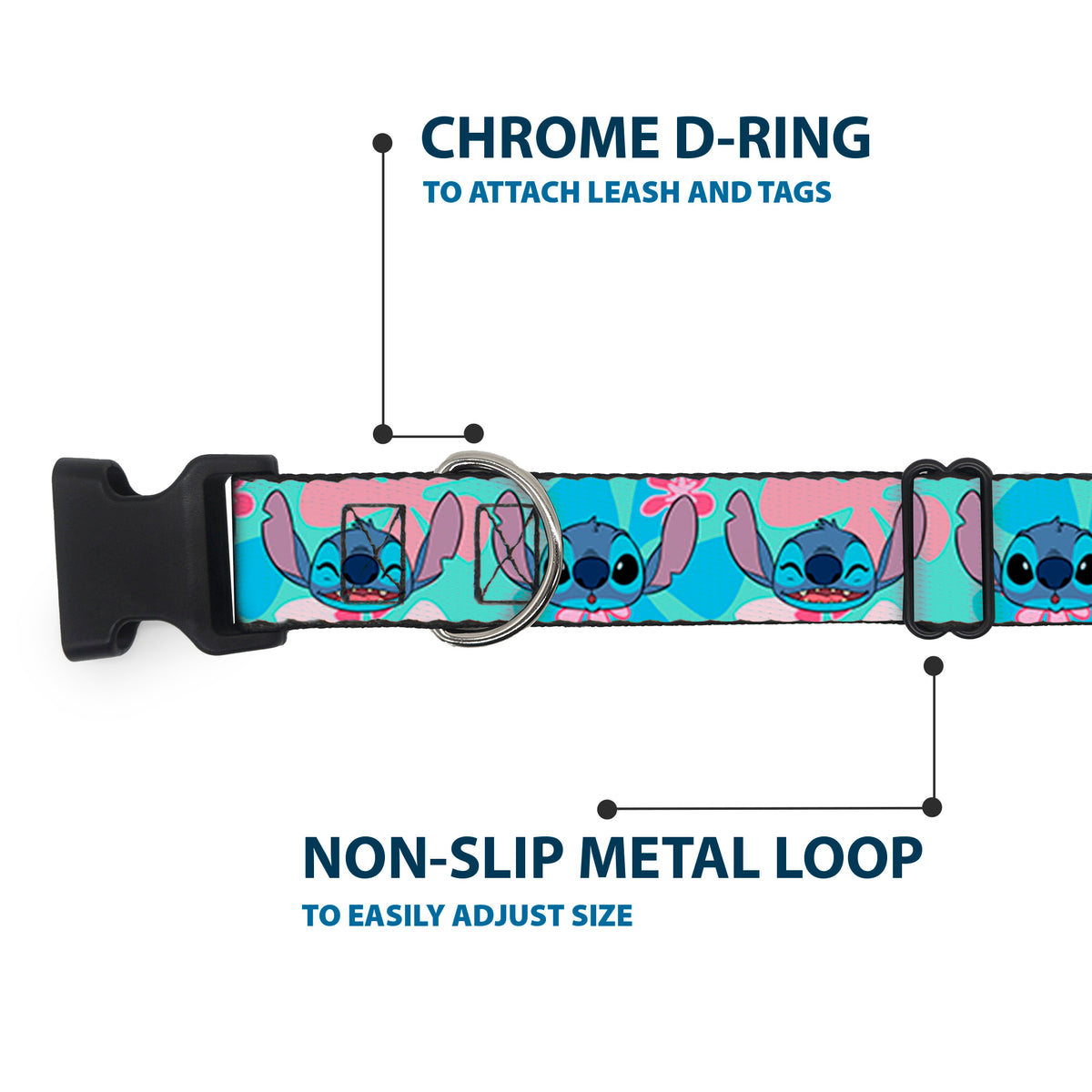 Plastic Clip Collar - Lilo & Stitch Stitch Expressions and Tropical Flowers Blues/Pinks Dog Collars Plastic Clip Side Release Disney