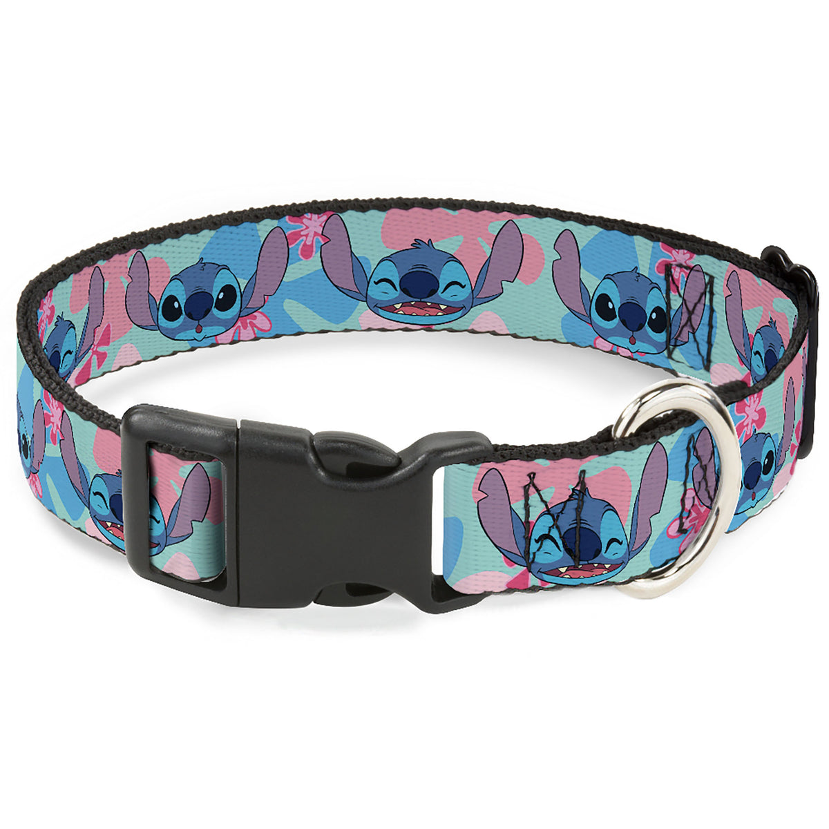 Plastic Clip Collar - Lilo & Stitch Stitch Expressions and Tropical Flowers Blues/Pinks Dog Collars Plastic Clip Side Release Disney