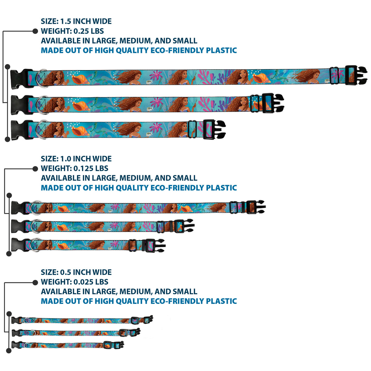 Plastic Clip Collar - The Little Mermaid Live Action Ariel Under the Sea Poses Blues Dog Collars Plastic Clip Side Release Disney