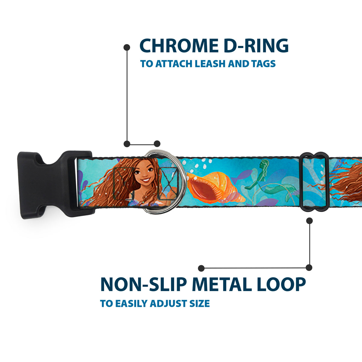 Plastic Clip Collar - The Little Mermaid Live Action Ariel Under the Sea Poses Blues Dog Collars Plastic Clip Side Release Disney