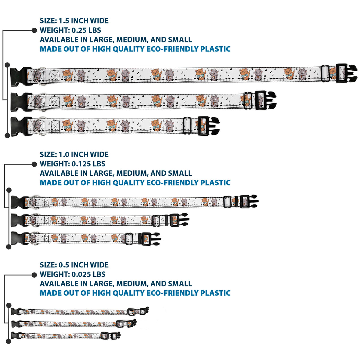 Plastic Clip Collar - Aristocats Toulouse and Berlioz Piano Pose and Musical Notes White/Black Dog Collars Plastic Clip Side Release Disney