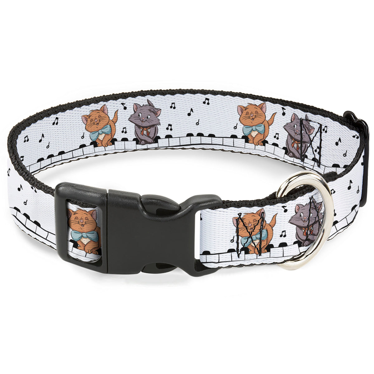 Plastic Clip Collar - Aristocats Toulouse and Berlioz Piano Pose and Musical Notes White/Black Dog Collars Plastic Clip Side Release Disney