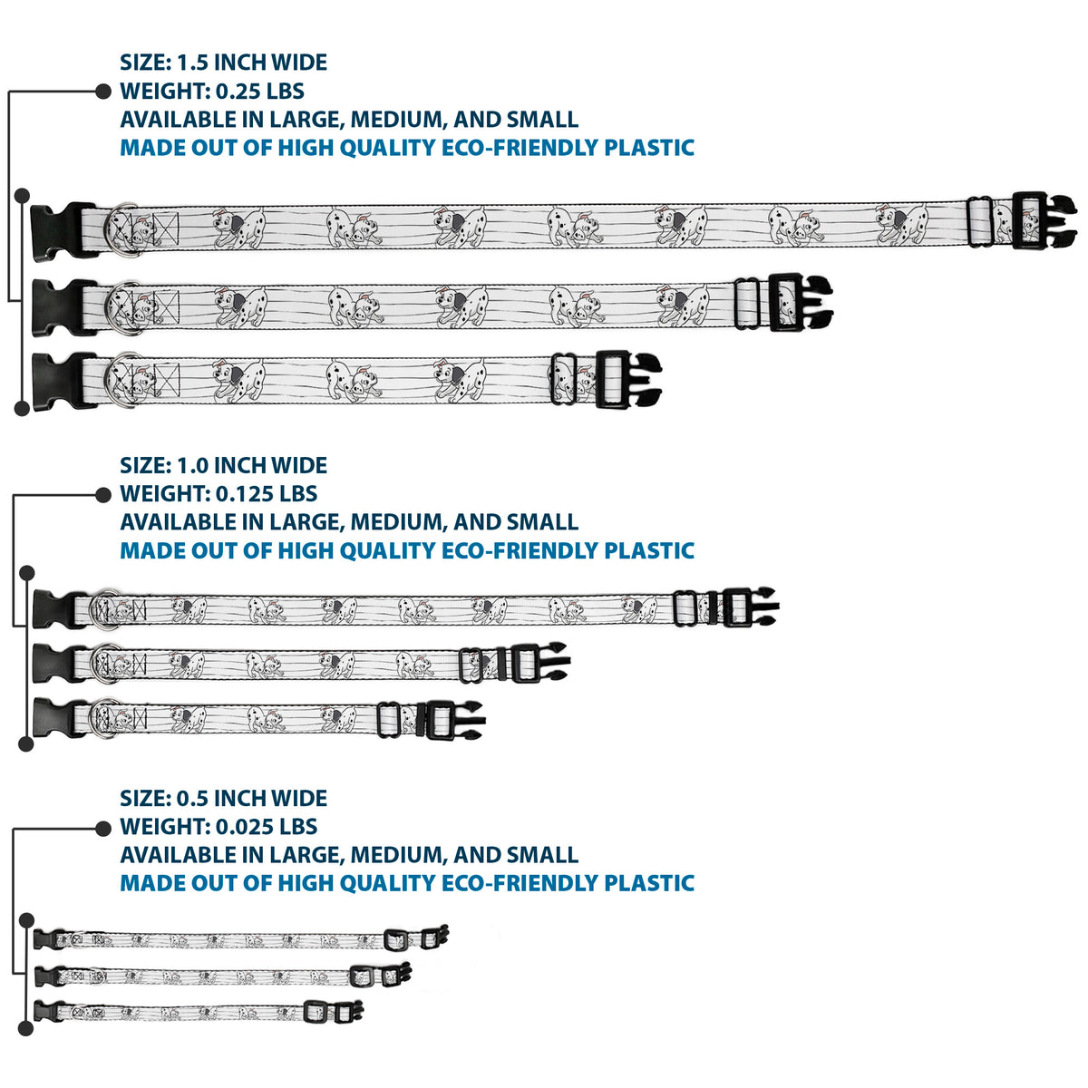 Plastic Clip Collar - One Hundred and One Dalmatians Puppies Playing White/Black Dog Collars Plastic Clip Side Release Disney