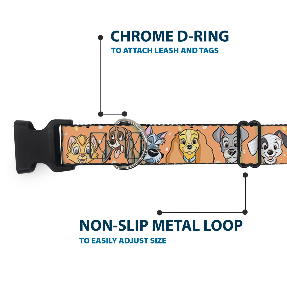 Plastic Clip Collar - Disney Cats and Dogs Faces Orange Dog Collars Plastic Clip Side Release Disney