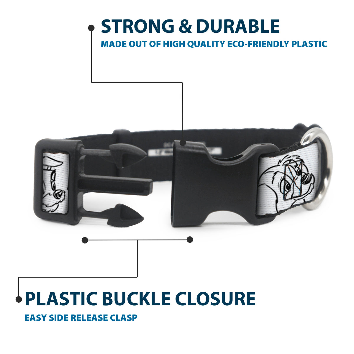 Plastic Clip Collar - Disney Dogs Face Outlines White/Black Dog Collars Plastic Clip Side Release Disney