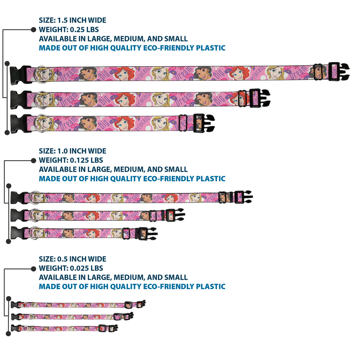 Plastic Clip Collar - Disney DREAM BIG PRINCESS Faces Pinks/Purples Dog Collars Plastic Clip Side Release Disney