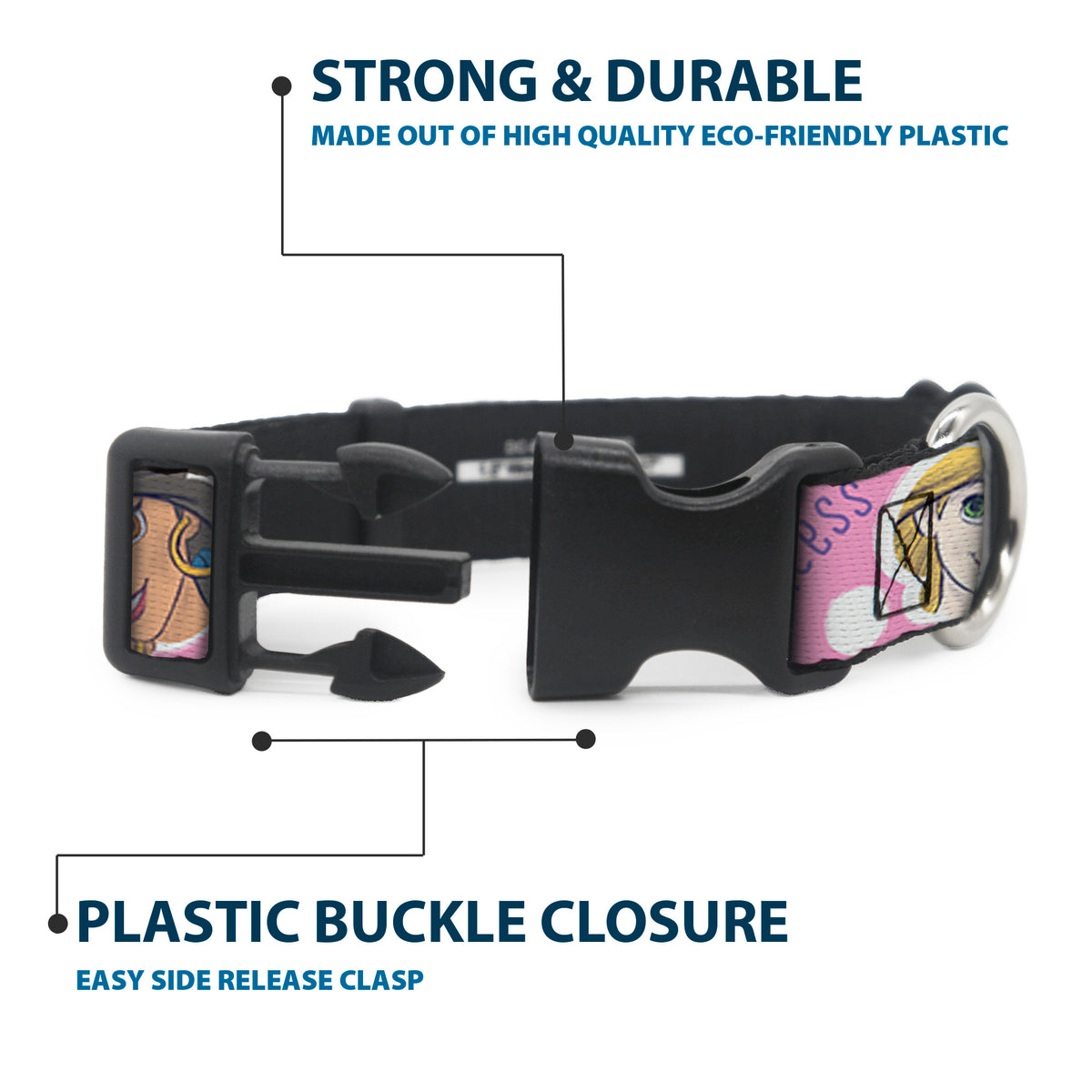 Plastic Clip Collar - Disney DREAM BIG PRINCESS Faces Pinks/Purples Dog Collars Plastic Clip Side Release Disney
