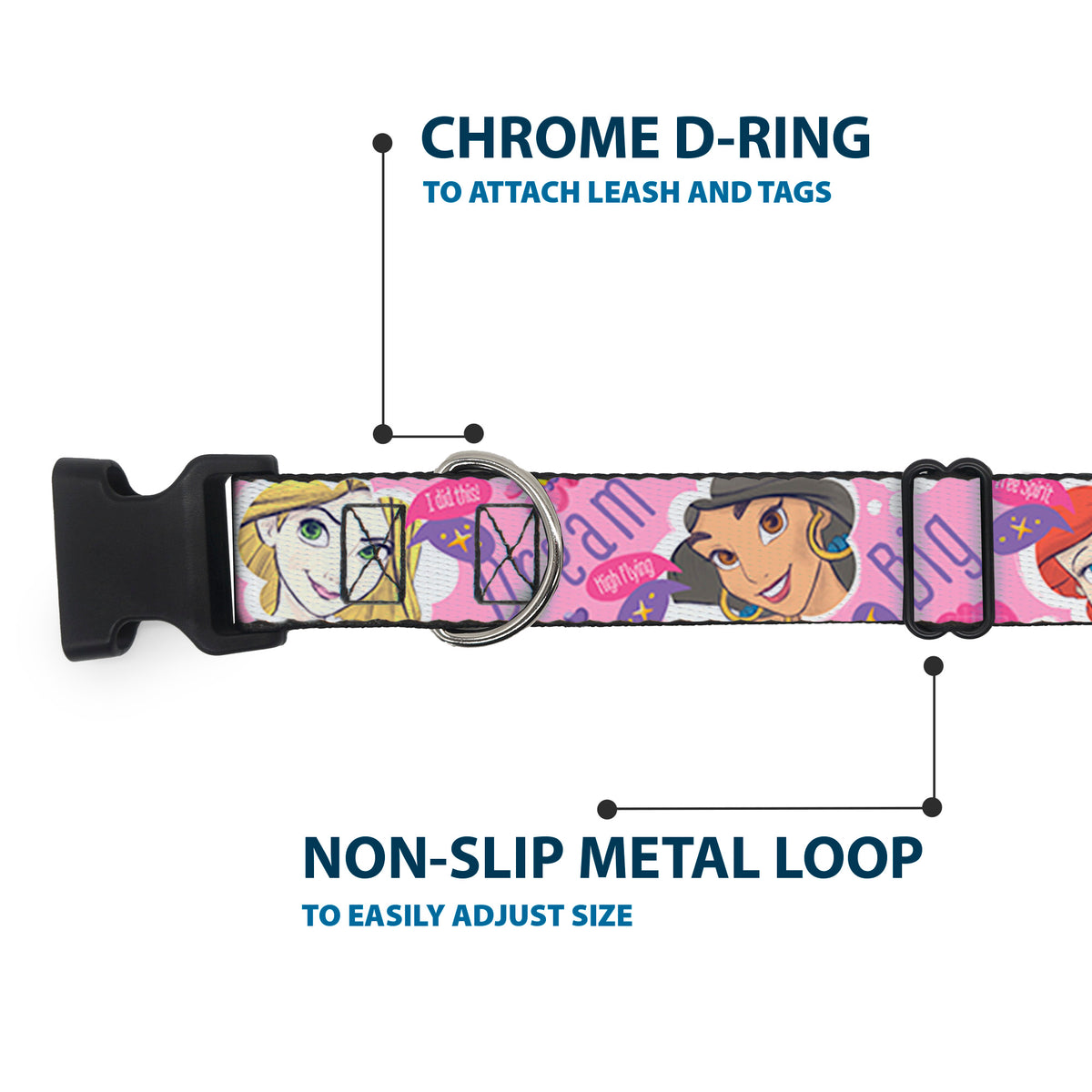 Plastic Clip Collar - Disney DREAM BIG PRINCESS Faces Pinks/Purples Dog Collars Plastic Clip Side Release Disney