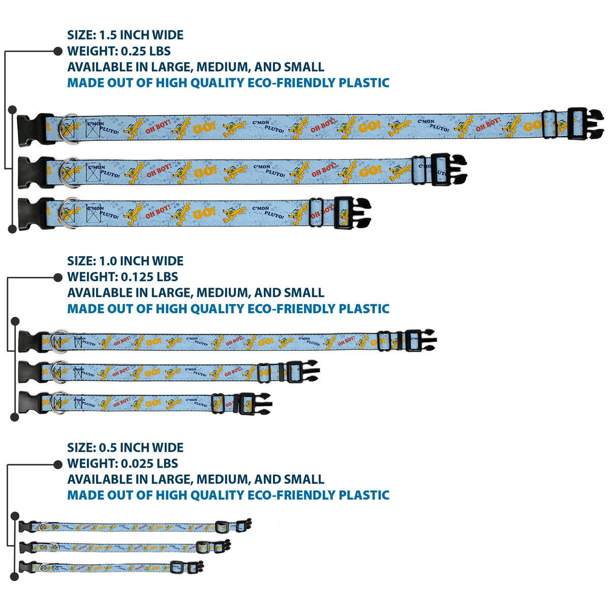 Plastic Clip Collar - Disney Pluto Poses and Quotes Blues/Red/Yellow Dog Collars Plastic Clip Side Release Disney