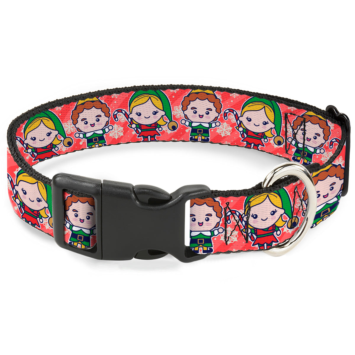 Plastic Clip Collar - Elf Chibi Buddy and Jovie Pose and Snowflakes Stripe Red/White Dog Collars Plastic Clip Side Release Elf