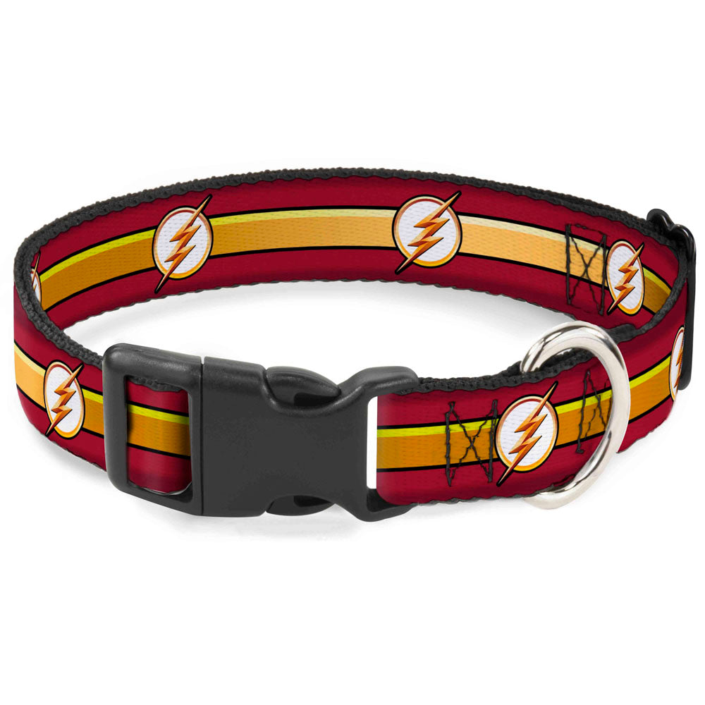 Plastic Clip Collar - The Flash Logo11/Stripe Burgundy/Black/Gold/White Dog Collars Plastic Clip Side Release DC Comics