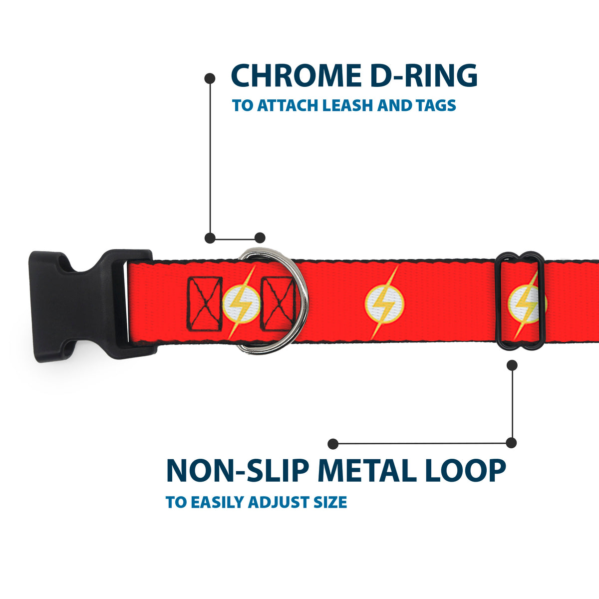 Plastic Clip Collar - DC League of Super-Pets Flash Bolt Logo Red/Yellow/White Dog Collars Plastic Clip Side Release DC Comics