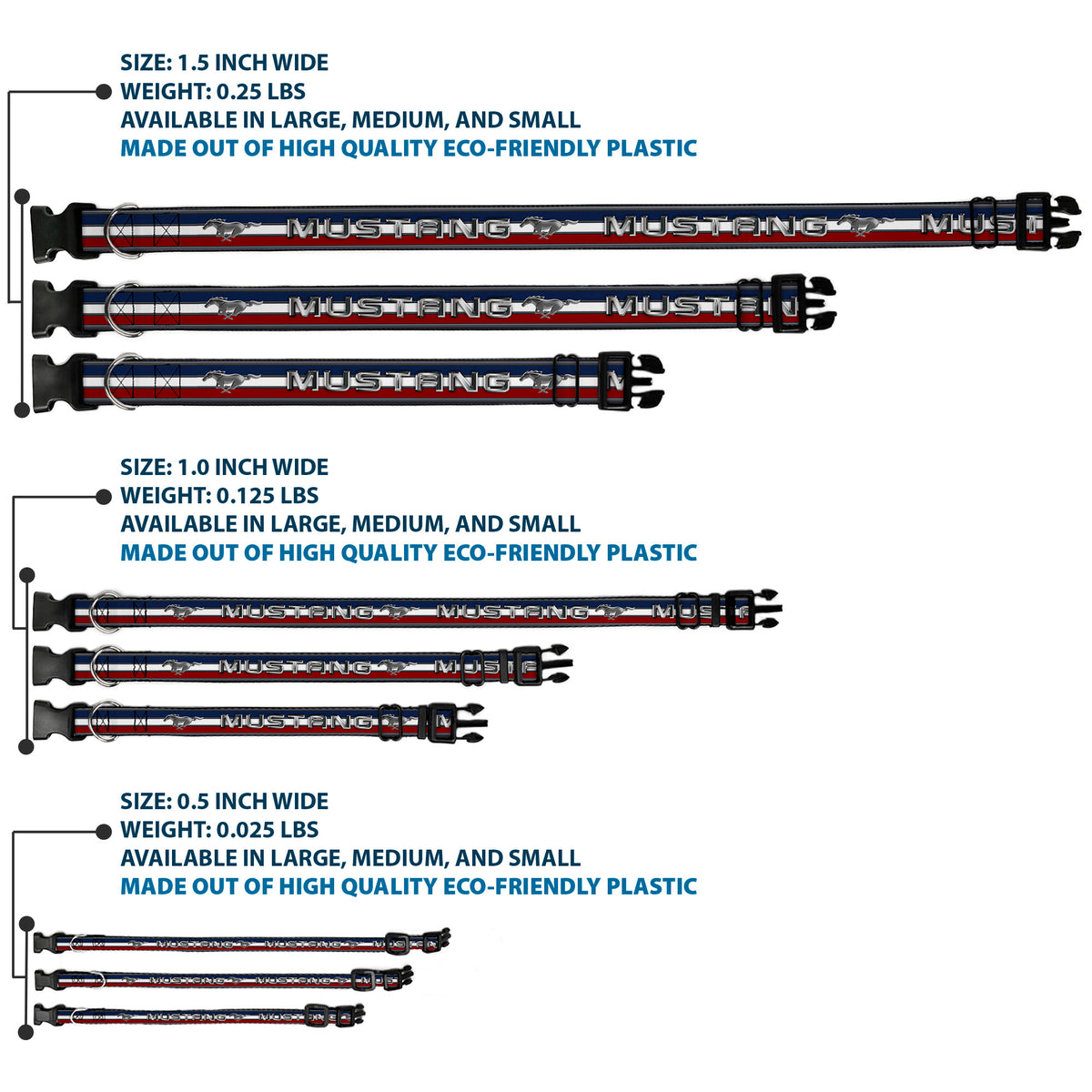 Plastic Clip Collar - Mustang/Text w/Tri-Bar Stripe Dog Collars Plastic Clip Side Release Ford
