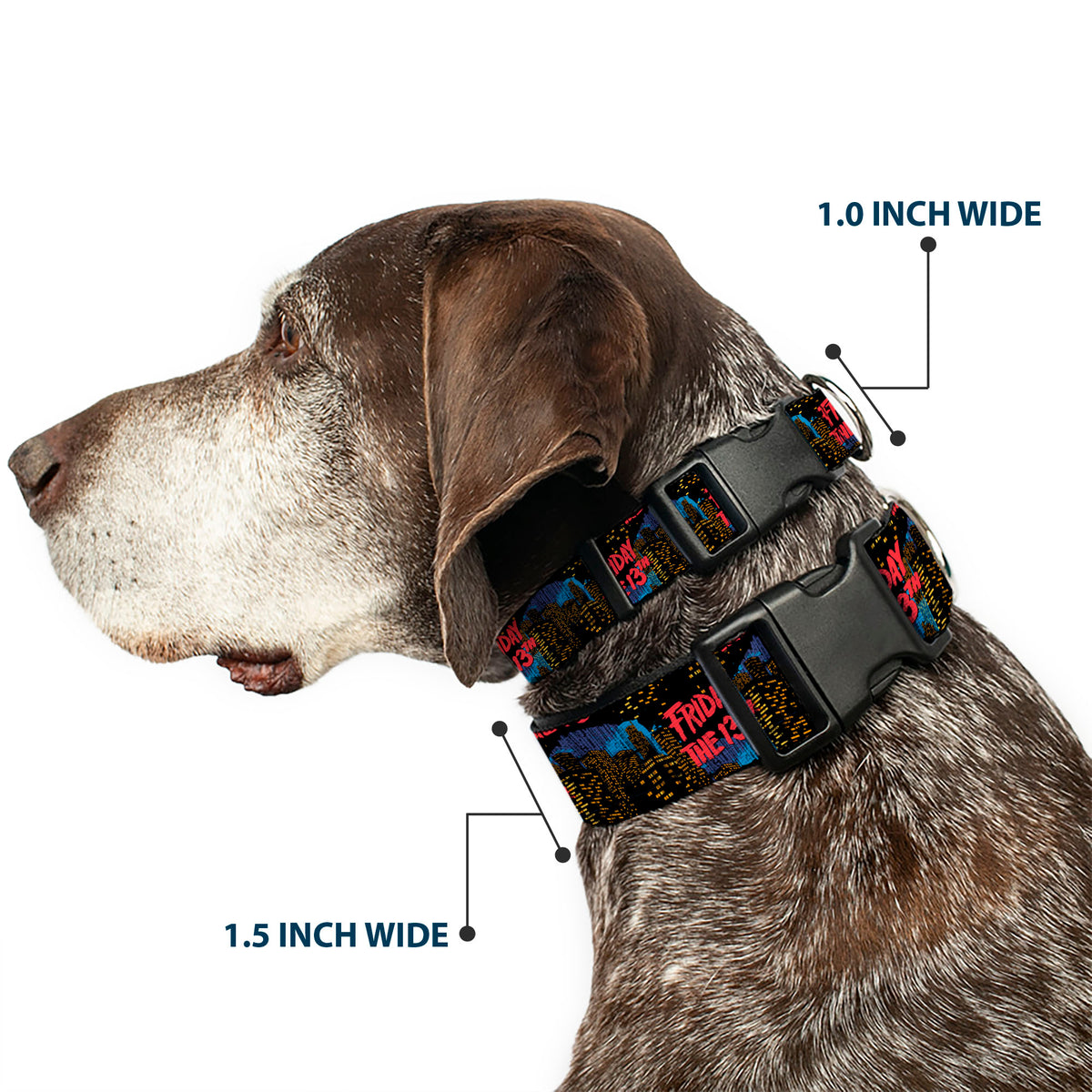 Plastic Clip Collar - FRIDAY THE 13TH Jason Takes Manhattan Skyline Title Logo Black/Blues/Reds Dog Collars Plastic Clip Side Release Friday the 13th