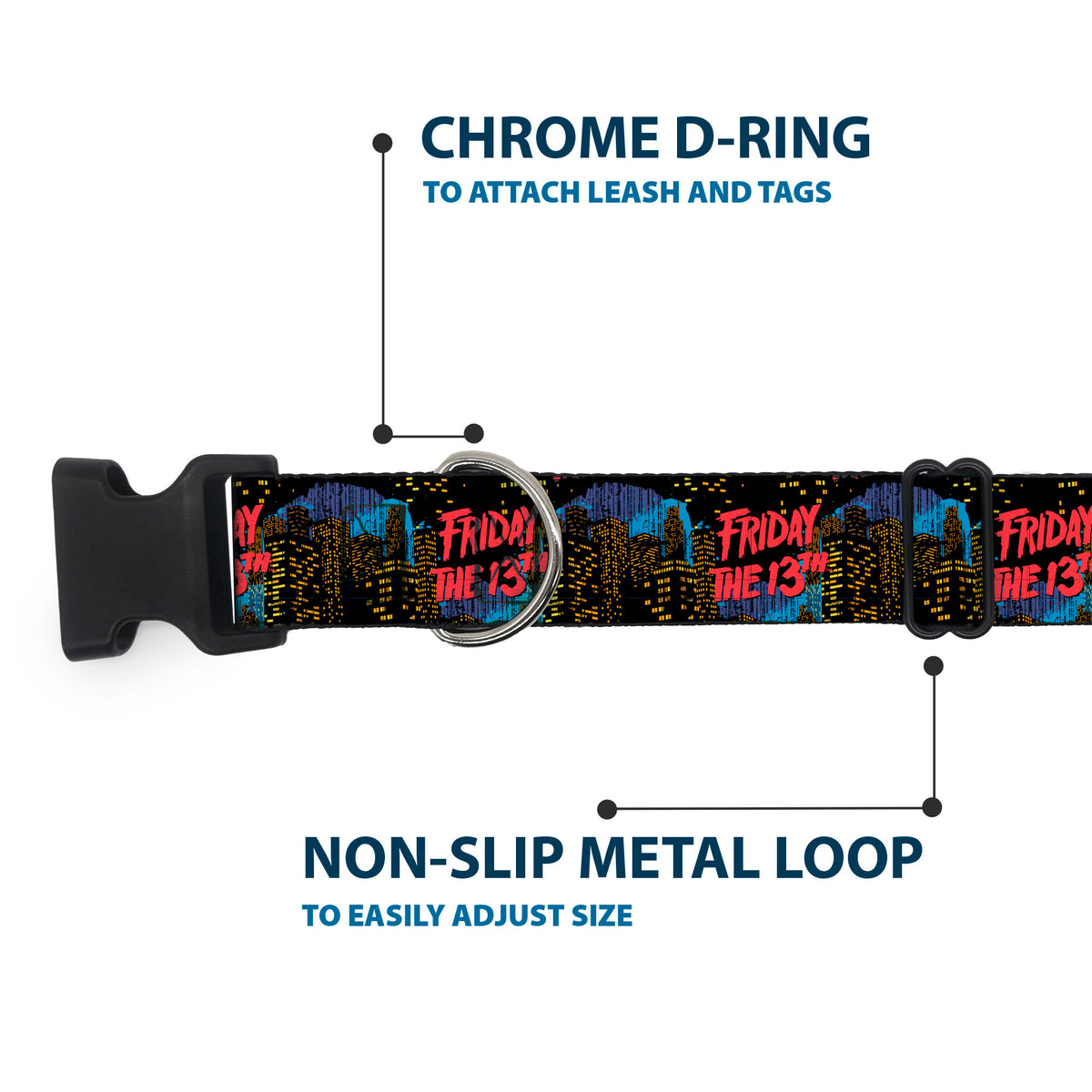 Plastic Clip Collar - FRIDAY THE 13TH Jason Takes Manhattan Skyline Title Logo Black/Blues/Reds Dog Collars Plastic Clip Side Release Friday the 13th