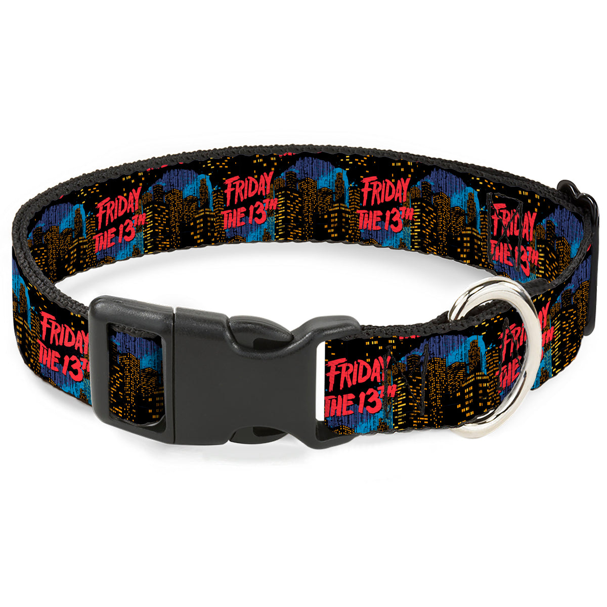 Plastic Clip Collar - FRIDAY THE 13TH Jason Takes Manhattan Skyline Title Logo Black/Blues/Reds Dog Collars Plastic Clip Side Release Friday the 13th