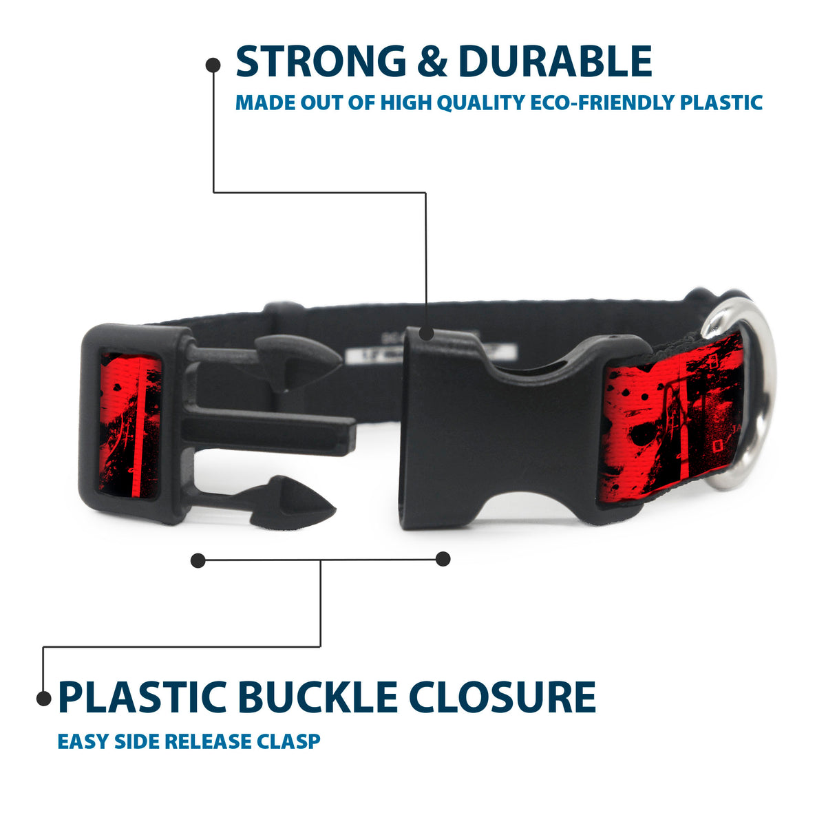 Plastic Clip Collar - Friday the 13th Jason Hockey Mask Camp Crystal Lake Blocks Black/Reds Dog Collars Plastic Clip Side Release Friday the 13th