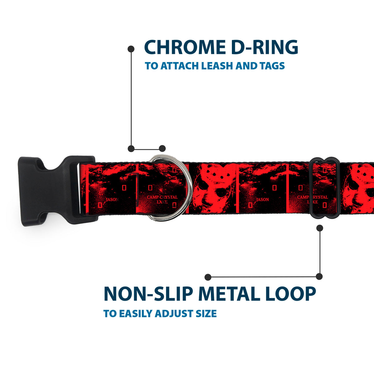 Plastic Clip Collar - Friday the 13th Jason Hockey Mask Camp Crystal Lake Blocks Black/Reds Dog Collars Plastic Clip Side Release Friday the 13th