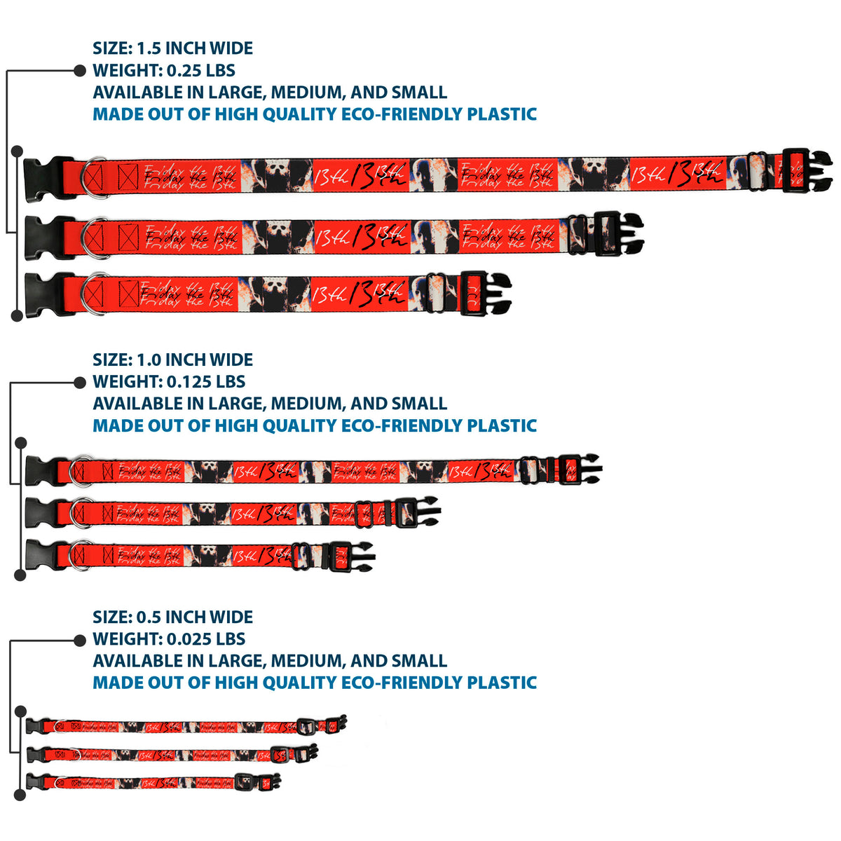 Plastic Clip Collar - FRIDAY THE 13TH Jason Mask and Script Blocks Red/Black/White Dog Collars Plastic Clip Side Release Friday the 13th
