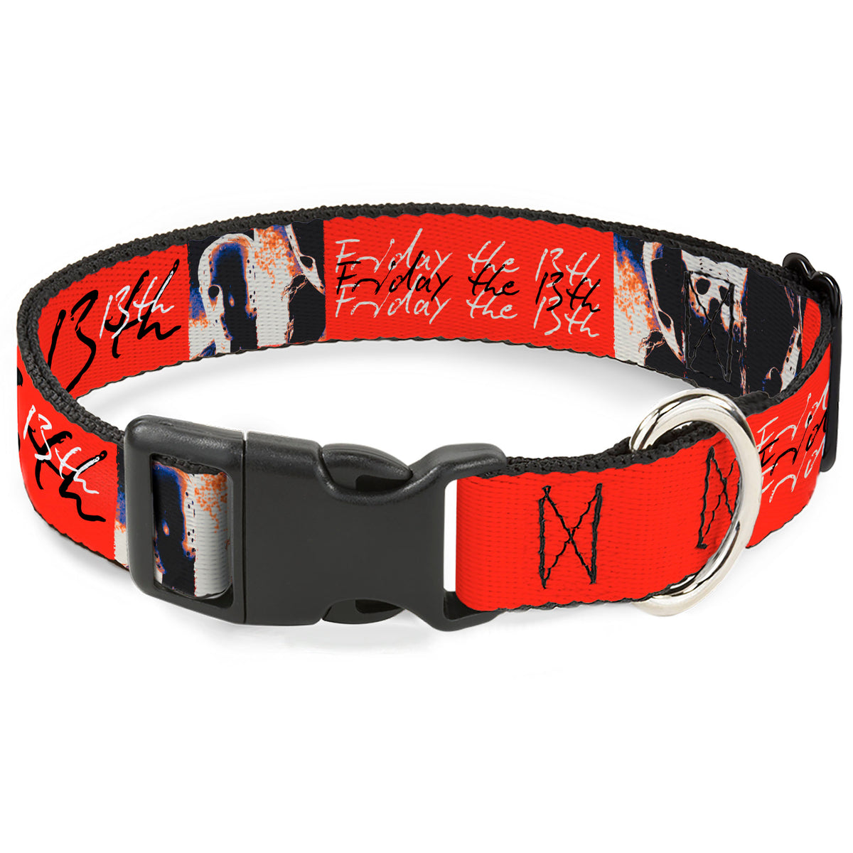 Plastic Clip Collar - FRIDAY THE 13TH Jason Mask and Script Blocks Red/Black/White Dog Collars Plastic Clip Side Release Friday the 13th