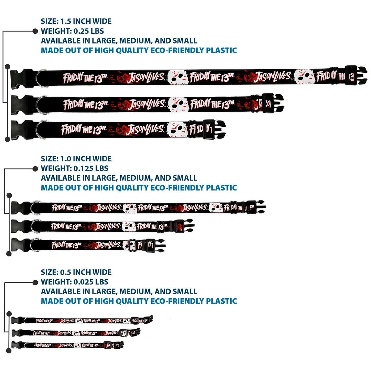 Plastic Clip Collar - FRIDAY THE 13TH JASON LIVES with Hand Print and Mask Black/Red/White Dog Collars Plastic Clip Side Release Friday the 13th