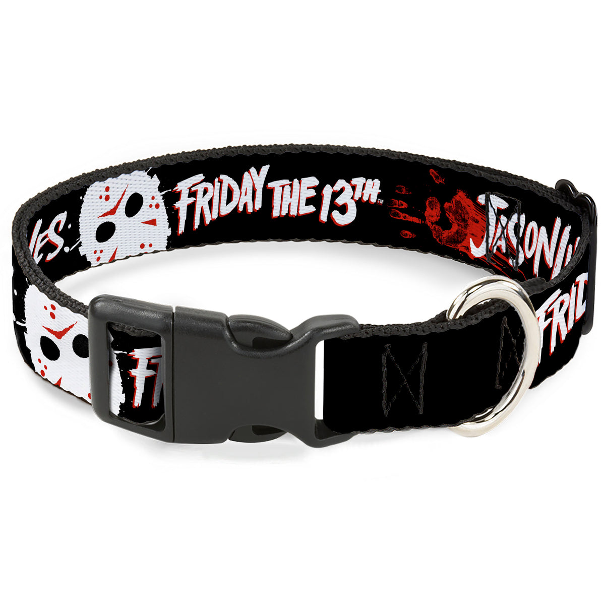 Plastic Clip Collar - FRIDAY THE 13TH JASON LIVES with Hand Print and Mask Black/Red/White Dog Collars Plastic Clip Side Release Friday the 13th