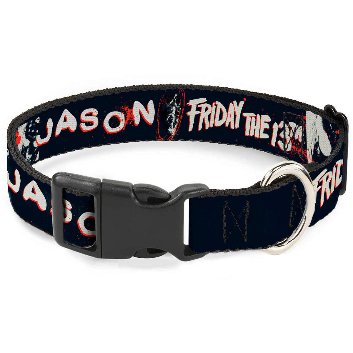Plastic Clip Collar - FRIDAY THE 13TH JASON Mask and Splatter Black/Red/White Dog Collars Plastic Clip Side Release Friday the 13th