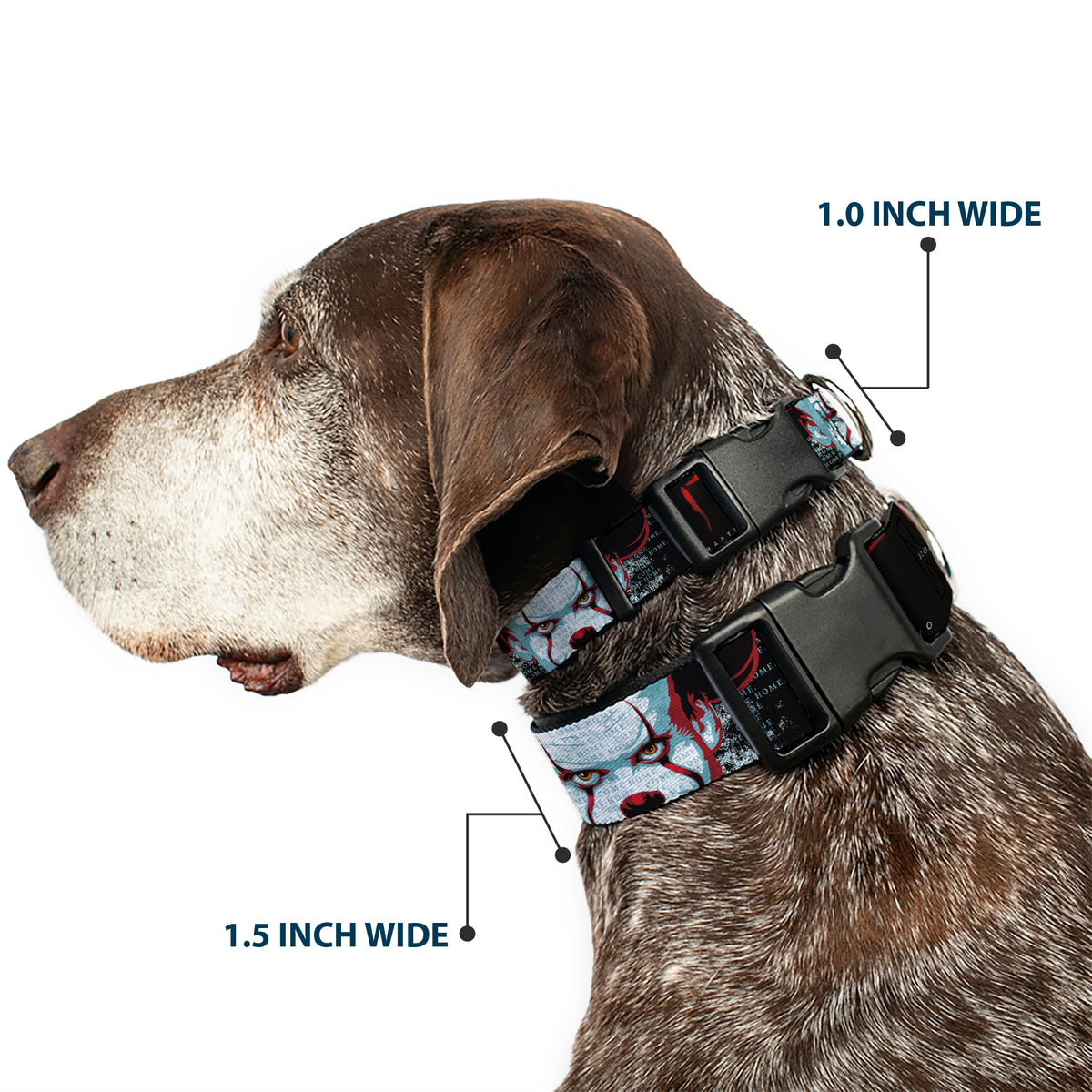 Plastic Clip Collar - IT CHAPTER TWO Pennywise Face CLOSE-UP Black/Red/Blues Dog Collars Plastic Clip Side Release IT