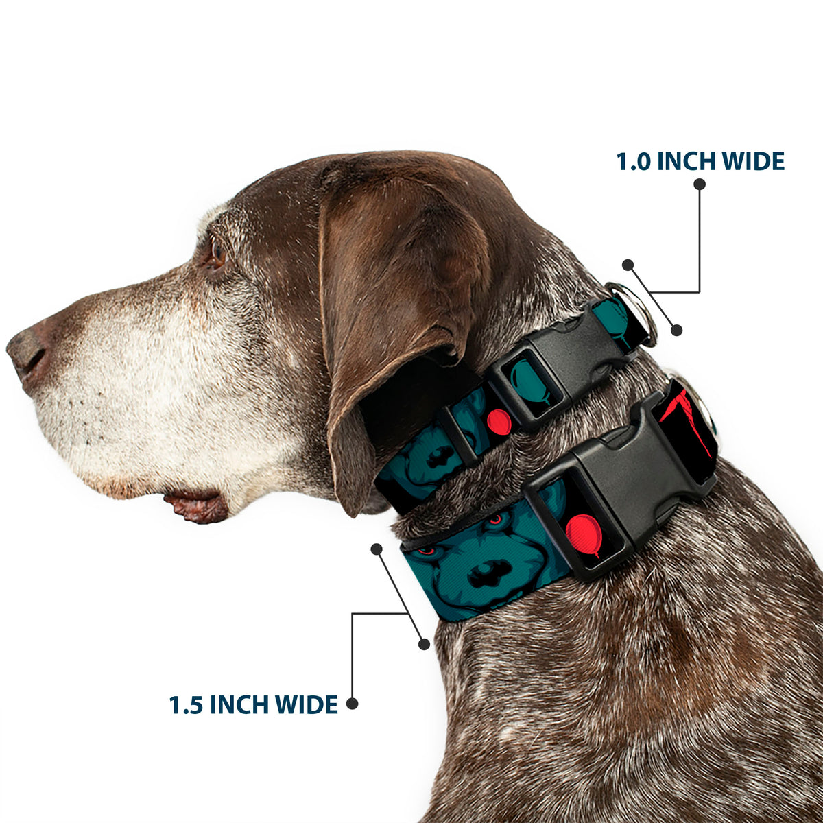 Plastic Clip Collar - IT Pennywise Face and Balloons TIME TO FLOAT Black/Blues/Reds Dog Collars Plastic Clip Side Release IT