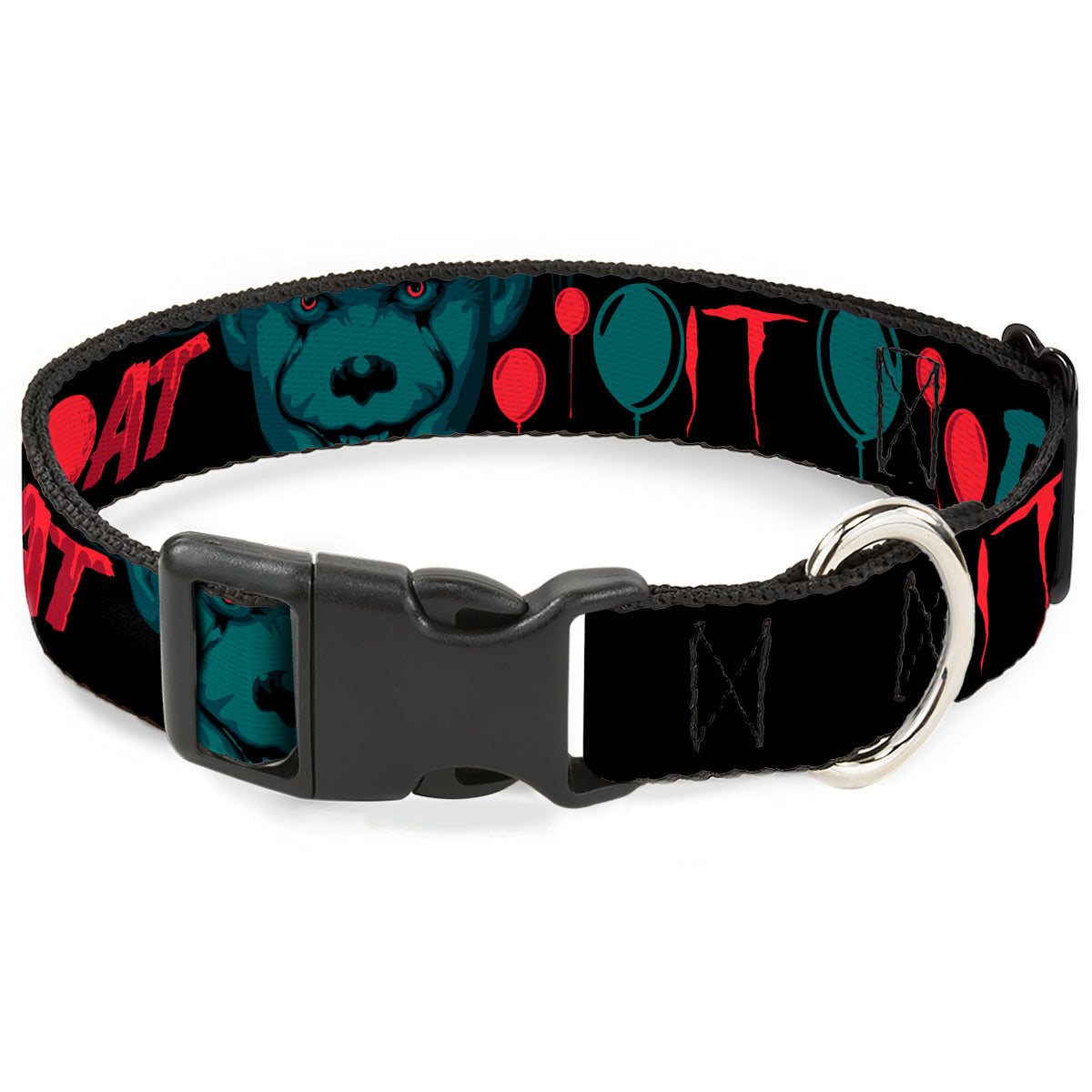 Plastic Clip Collar - IT Pennywise Face and Balloons TIME TO FLOAT Black/Blues/Reds Dog Collars Plastic Clip Side Release IT