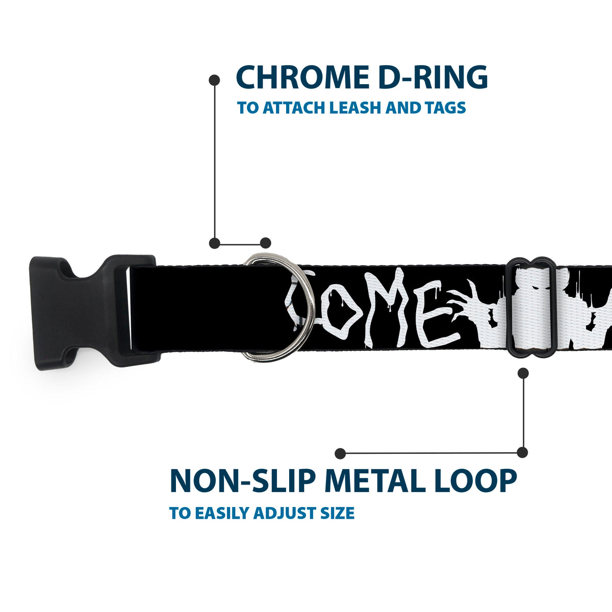 Plastic Clip Collar - IT Pennywise Face Close-Up COME HOME-COME BACK AND PLAY Black/White Dog Collars Plastic Clip Side Release IT