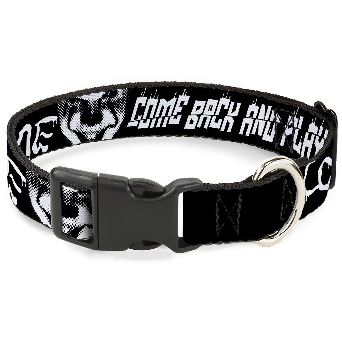 Plastic Clip Collar - IT Pennywise Face Close-Up COME HOME-COME BACK AND PLAY Black/White Dog Collars Plastic Clip Side Release IT