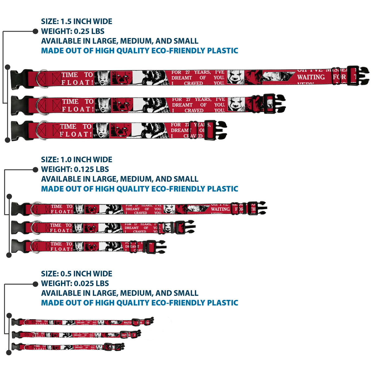 Plastic Clip Collar - IT Pennywise Poses and Quotes Collage Red/White/Grays Dog Collars Plastic Clip Side Release IT