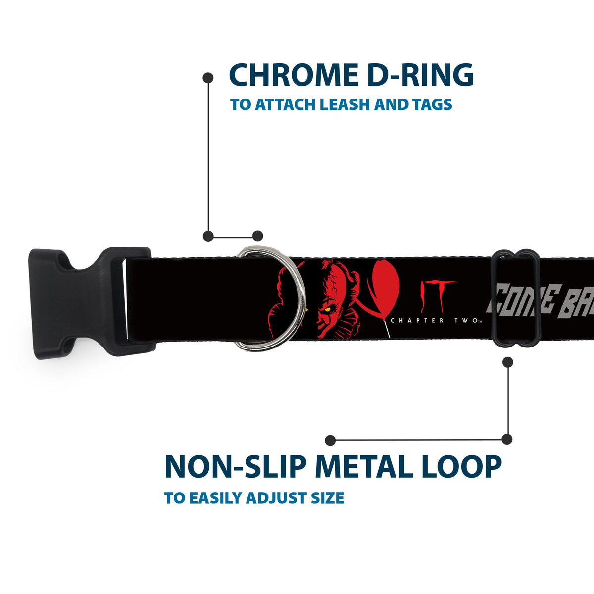Plastic Clip Collar - IT Pennywise Face COME BACK AND PLAY Black/Red/Gray Dog Collars Plastic Clip Side Release IT