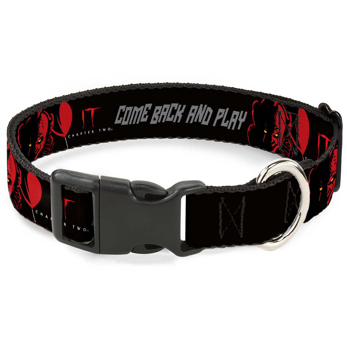 Plastic Clip Collar - IT Pennywise Face COME BACK AND PLAY Black/Red/Gray Dog Collars Plastic Clip Side Release IT