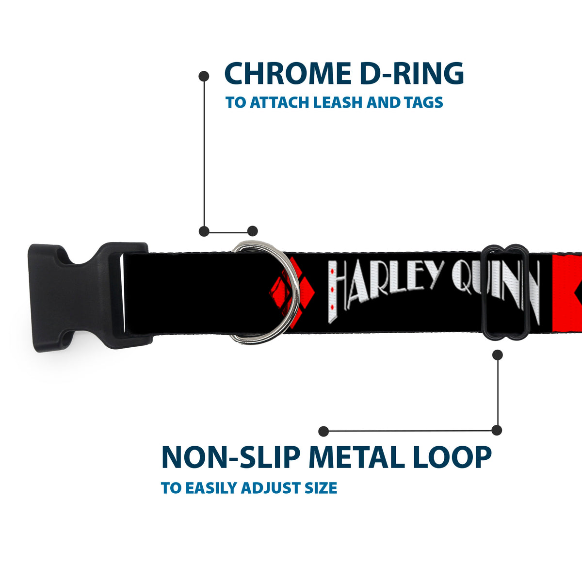 Plastic Clip Collar - HARLEY QUINN/Diamonds Black/Red/White Dog Collars Plastic Clip Side Release DC Comics