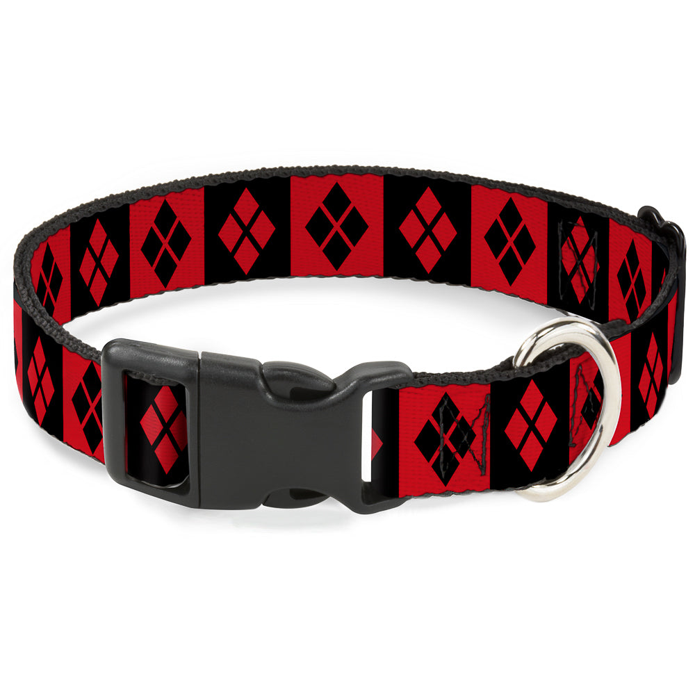 Plastic Clip Collar - Harley Quinn Diamond Blocks Red/Black Black/Red Dog Collars Plastic Clip Side Release DC Comics