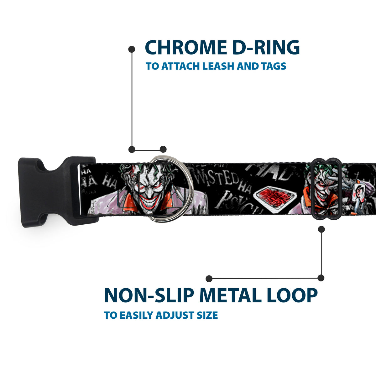 Plastic Clip Collar - Joker BRILLIANTLY TWISTED PSYCHO 2-Poses/Cards Black/Grays Dog Collars Plastic Clip Side Release DC Comics