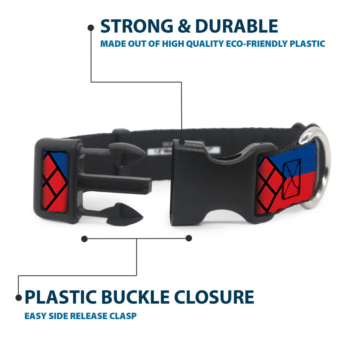 Plastic Clip Collar - Harley Quinn Diamond/Stripe Red/Blue Dog Collars Plastic Clip Side Release DC Comics