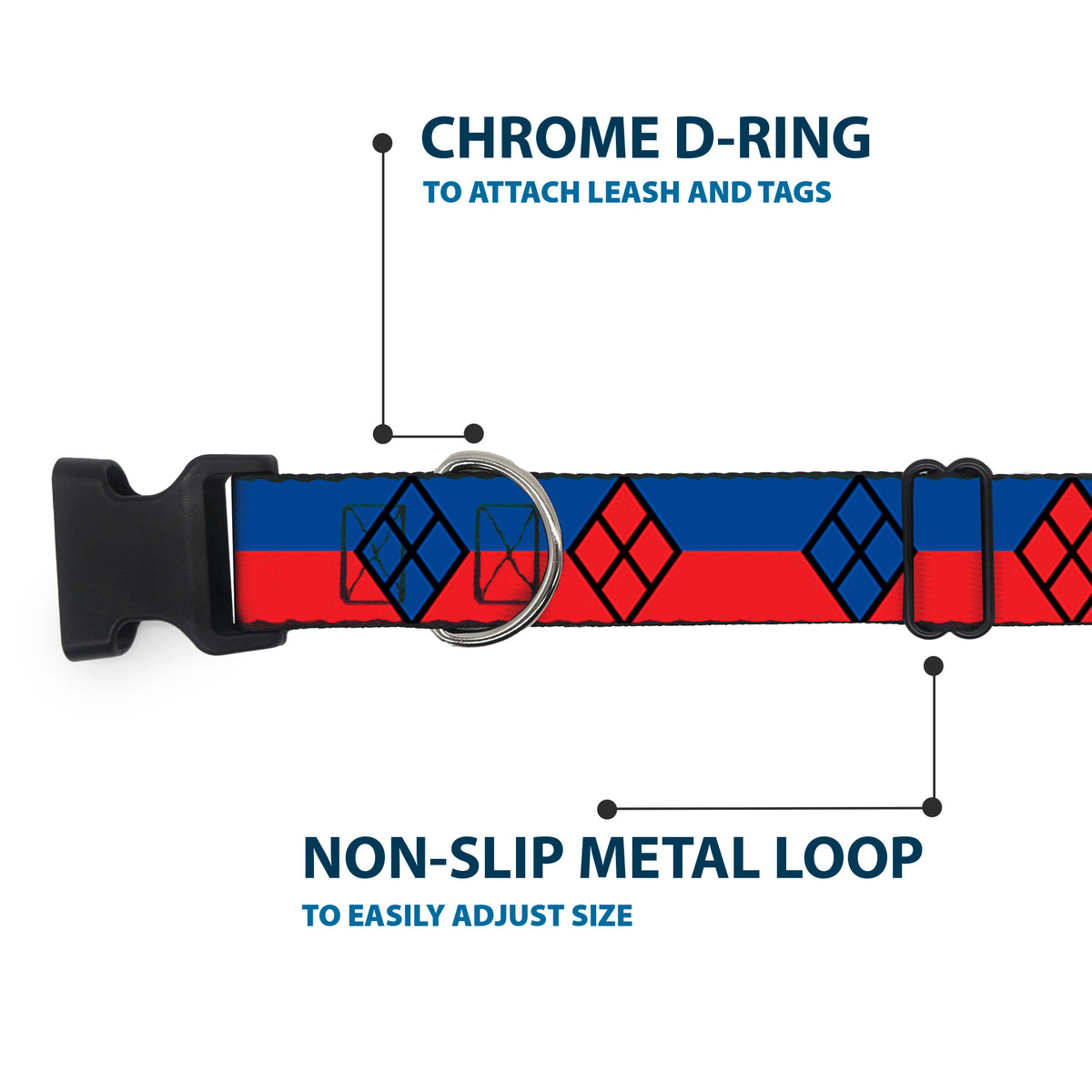 Plastic Clip Collar - Harley Quinn Diamond/Stripe Red/Blue Dog Collars Plastic Clip Side Release DC Comics
