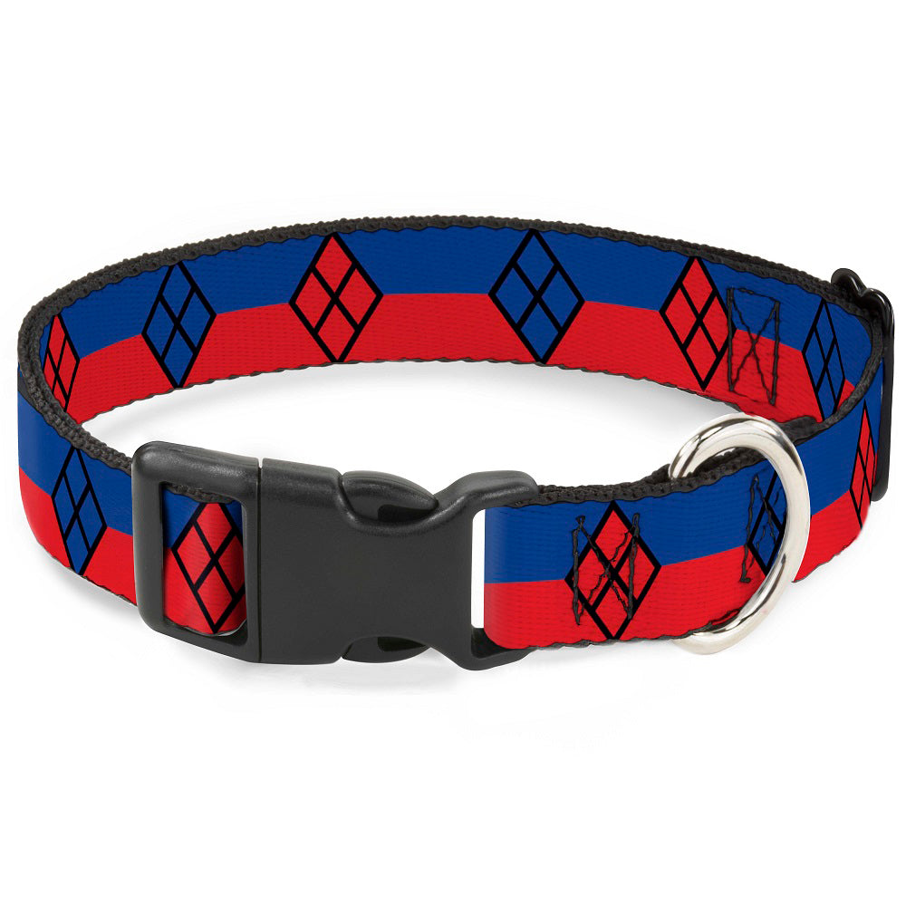 Plastic Clip Collar - Harley Quinn Diamond/Stripe Red/Blue Dog Collars Plastic Clip Side Release DC Comics