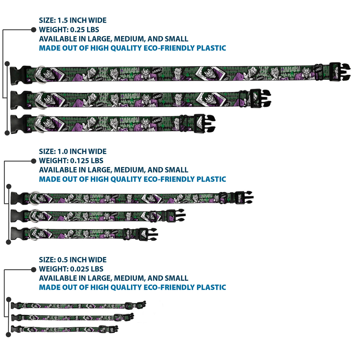 Plastic Clip Collar - The Joker 4-Poses/Joker Card HAHA/Smile/BANG! Grays/Greens/Purples Dog Collars Plastic Clip Side Release DC Comics